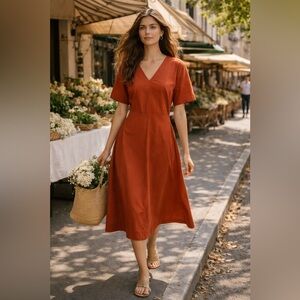 V NeckTerracotta 100% Cotton Dress.  Size Large.  NWT.